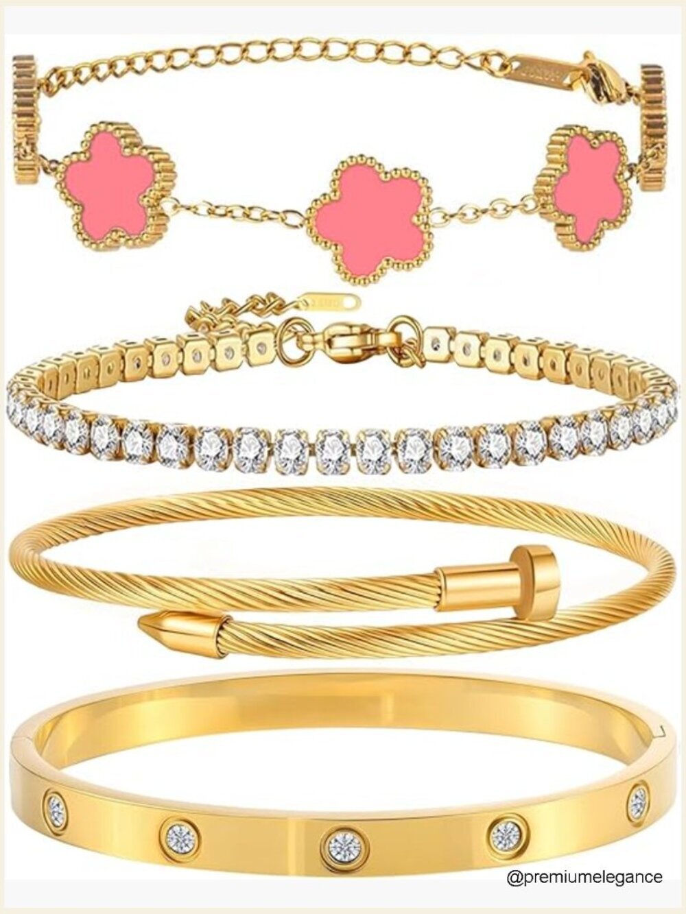Stackable Bangle Bracelet Set - 4 Piece Gold Plated Tennis & Floral